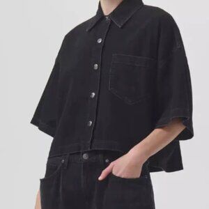 AGOLDE Rona Box Shirt Jacket Womens Black Short Sleeve Crop Relaxed Lightweight